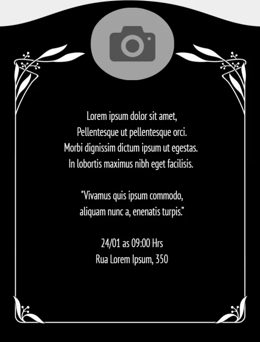 Editar e Baixar Convite RIP luto, preto, funeral, falecimento, enterro, arabesco, velório, online, digital, personalizado, whatsapp