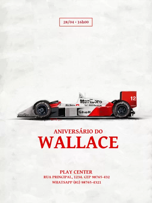 Editar e Baixar Convite Fórmula 1 Clássico Ayrton Senna Simples comemoração, aniversário, carro, esporte, formula 1, f1, ayrton senna, claro, branco, vermelho, simples, moderno