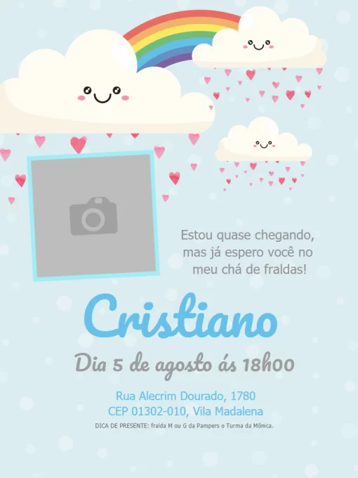 Convite Chuva De Amor Chá Bebê Fralda Digital Nuvem Chuva