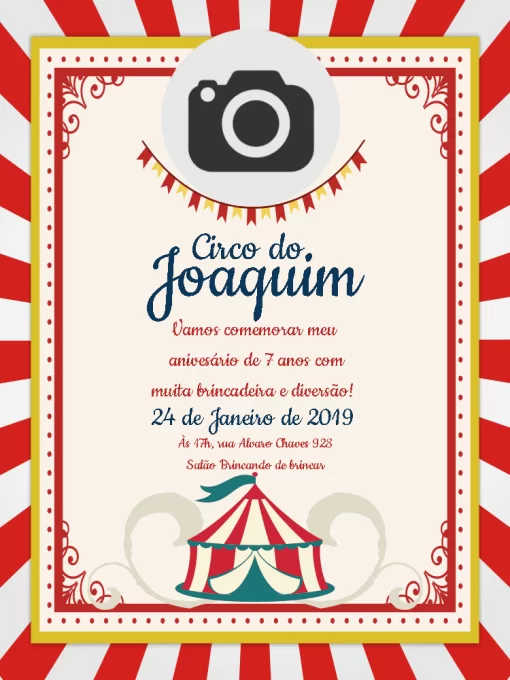 Editar e Baixar Convite Circo foto, vermelho, branco, cartaz, festa, bandeirinhas, comemoração, celebração, online, digital, personalizado, whatsapp