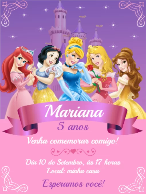 Convite Princesas para editar e imprimir grátis - Festa Free
